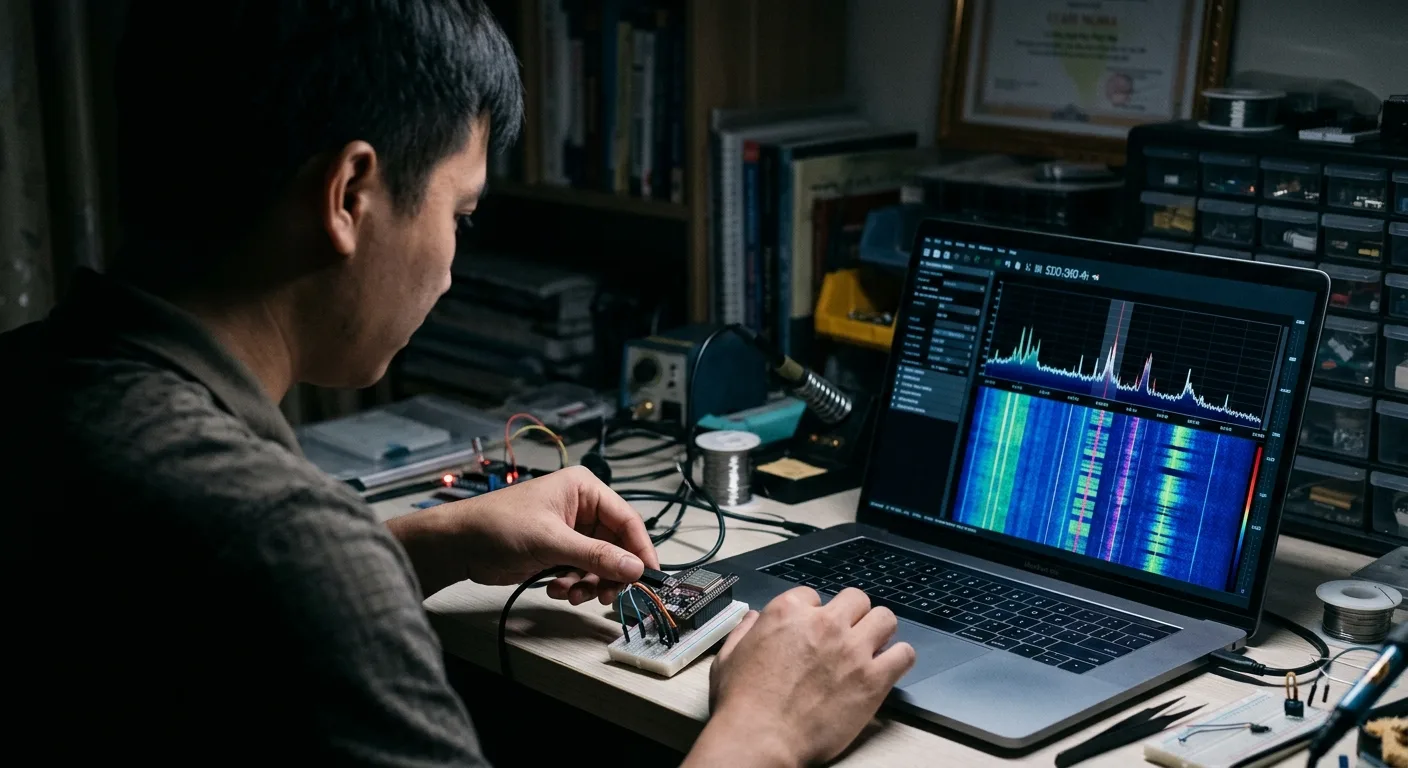 Kỹ sư kết nối board ESP32 SDR với laptop chạy GNU Radio và Gqrx