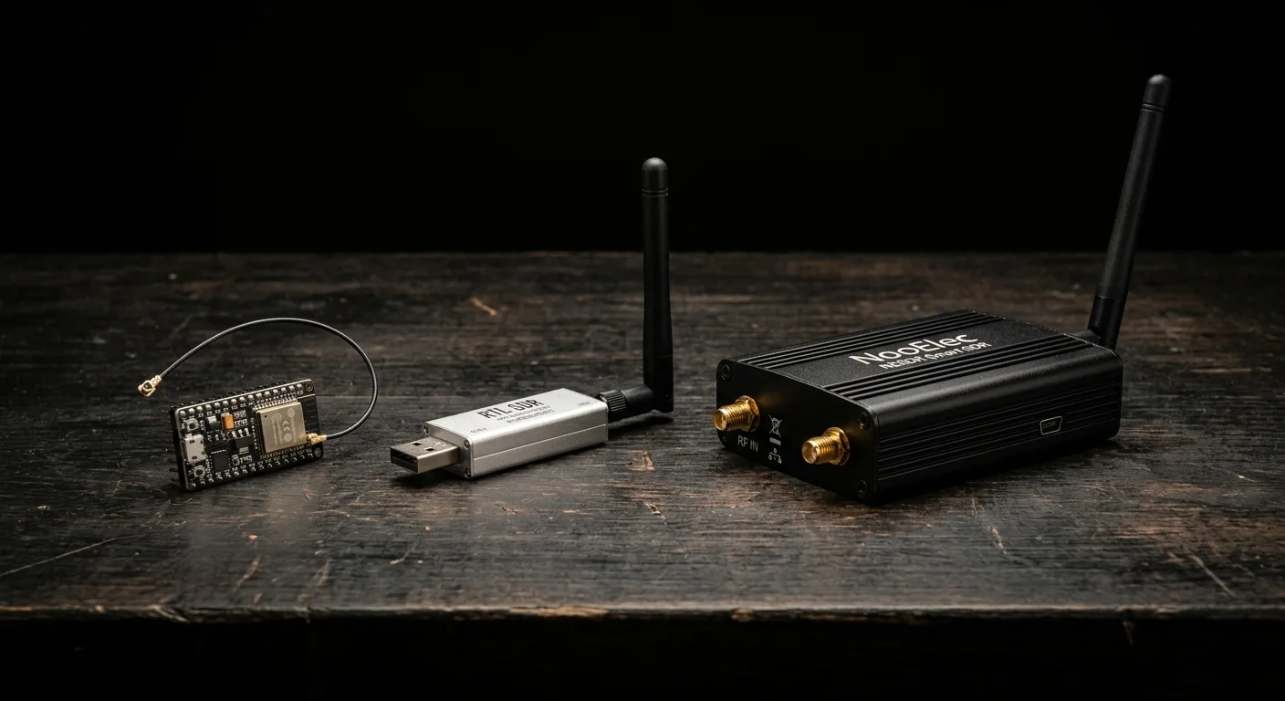 So sánh phần cứng SDR giá rẻ: board ESP32, RTL-SDR và HackRF trên bàn làm việc