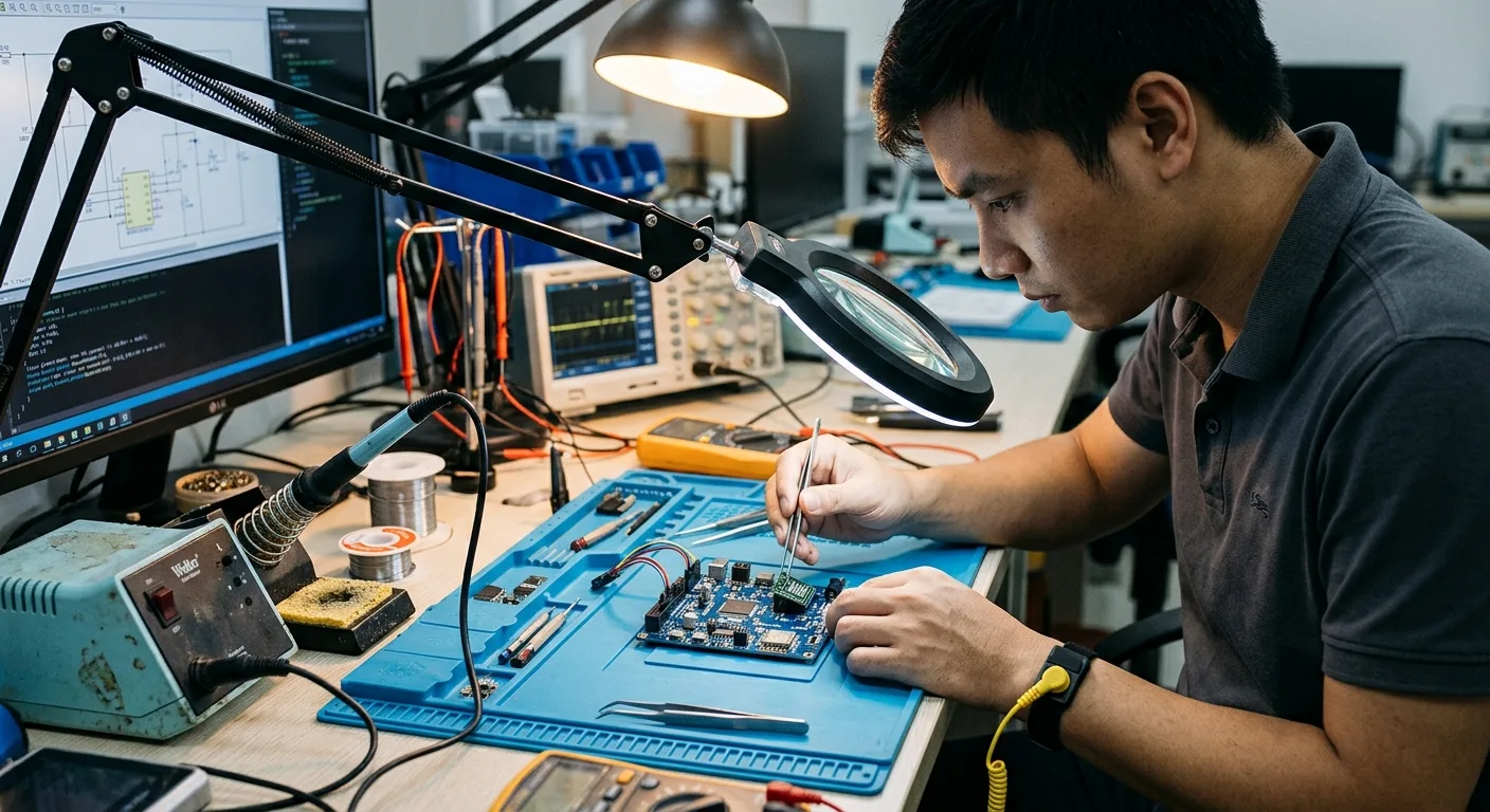 Kỹ sư Việt Nam gắn module ESP32-C5-WROOM-1 lên board phát triển trên thảm chống tĩnh điện